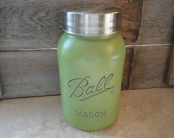 Ball Mason Jar Canister, Mason Storage, Rustic Kitchen Canister, Large Mason Jar, Distressed Cookie Jar, Green Mason Decor