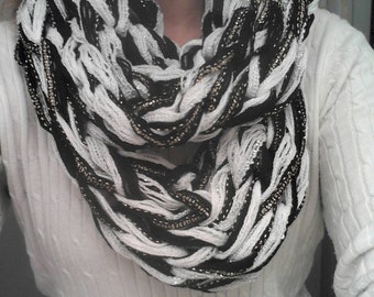 White and Black Shimmer Arm Knitted Cowl