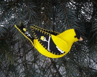Wool Felt Goldfinch Ornament, Folk Art Goldfinch, Embroidered Goldfinch Ornament