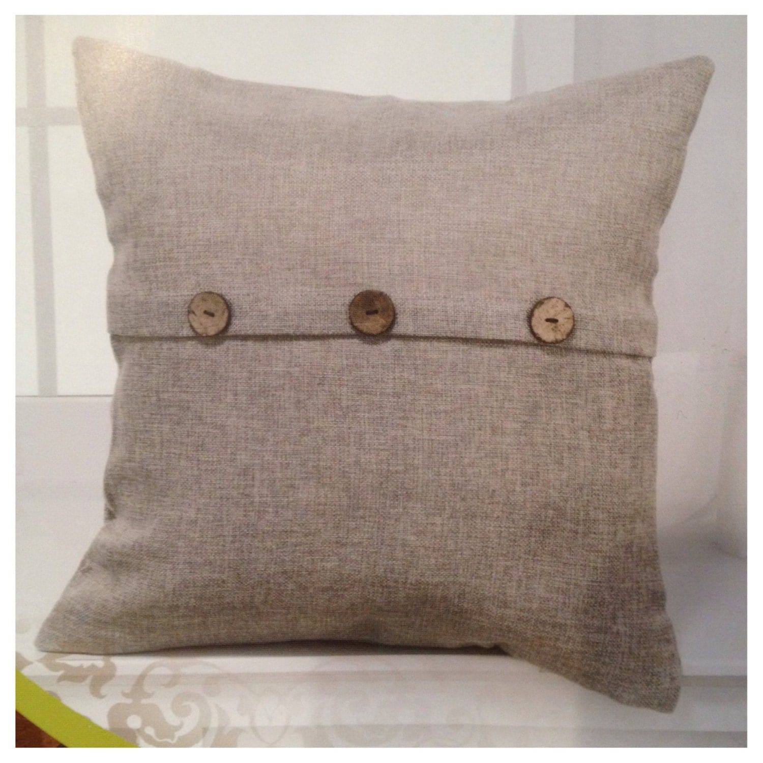 Grey Tweed Pillow Cover with Wood Buttons by on Etsy