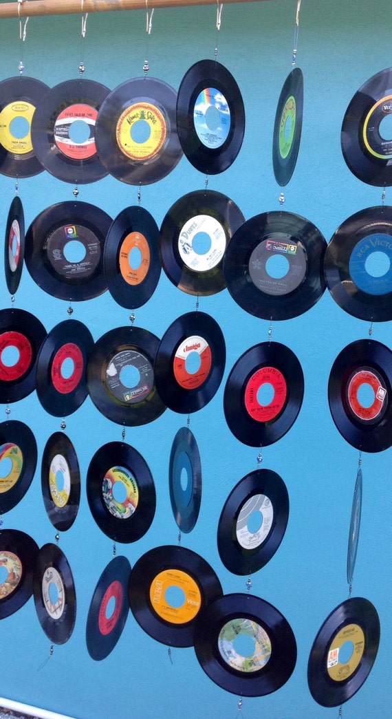Hanging Records On Wall vintage record wall hanging/ repurposed 6 strands of 5 45 Hanging Records On Wall vintage record wall hanging/ repurposed 6 strands of 5 45