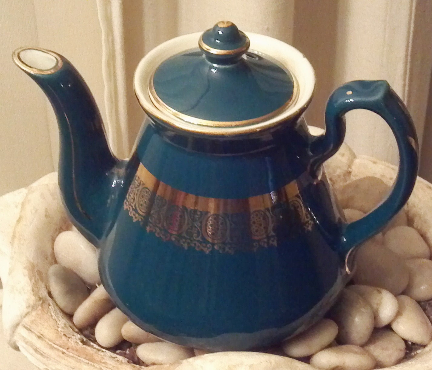 Vintage Hall Six Cup Teapot Dark Green Gold Decorated Ceramic