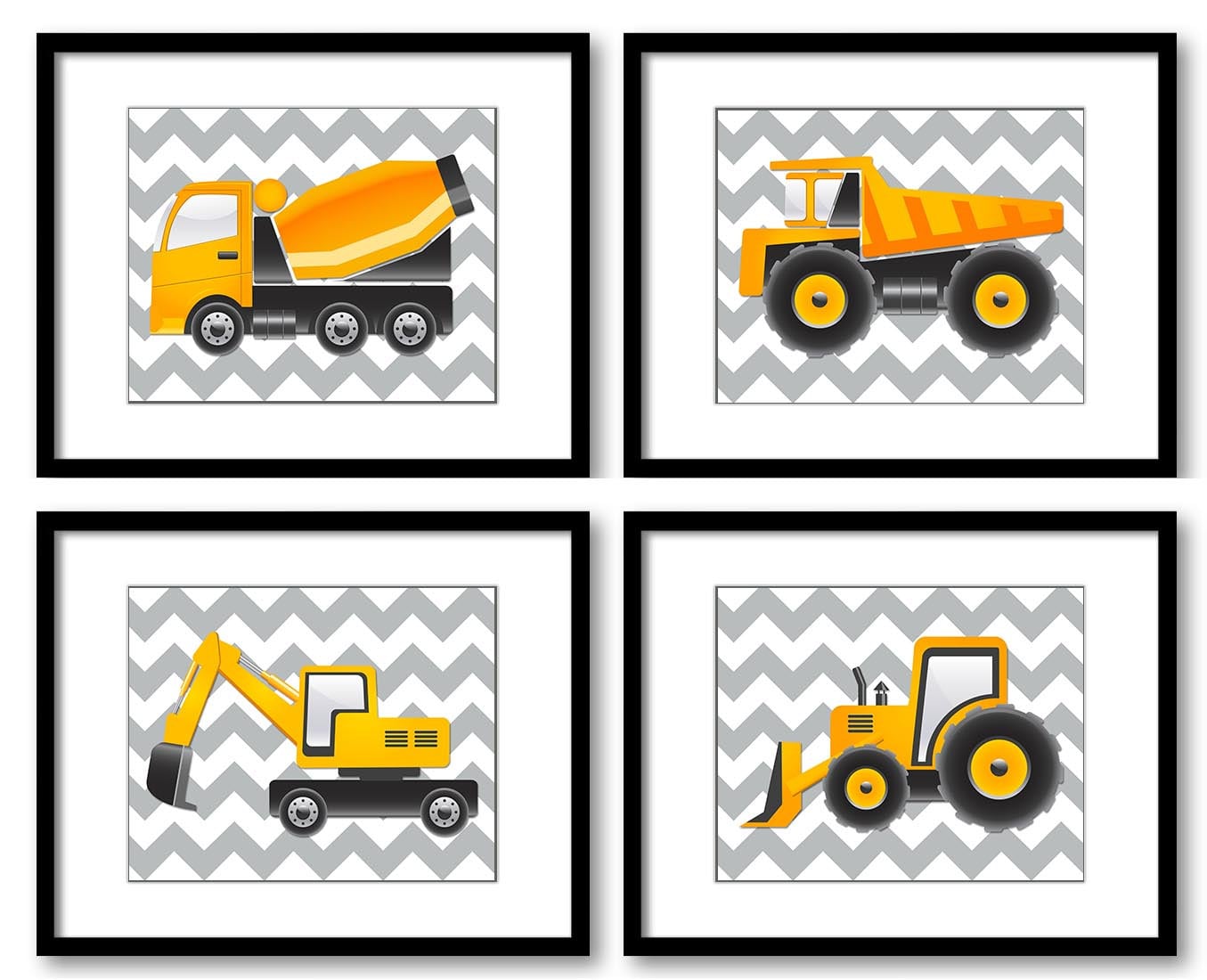 Transportation Construction Vehicles Heavy Machinery Kid Children Art Set of 4 Prints Boy Nursery Wa