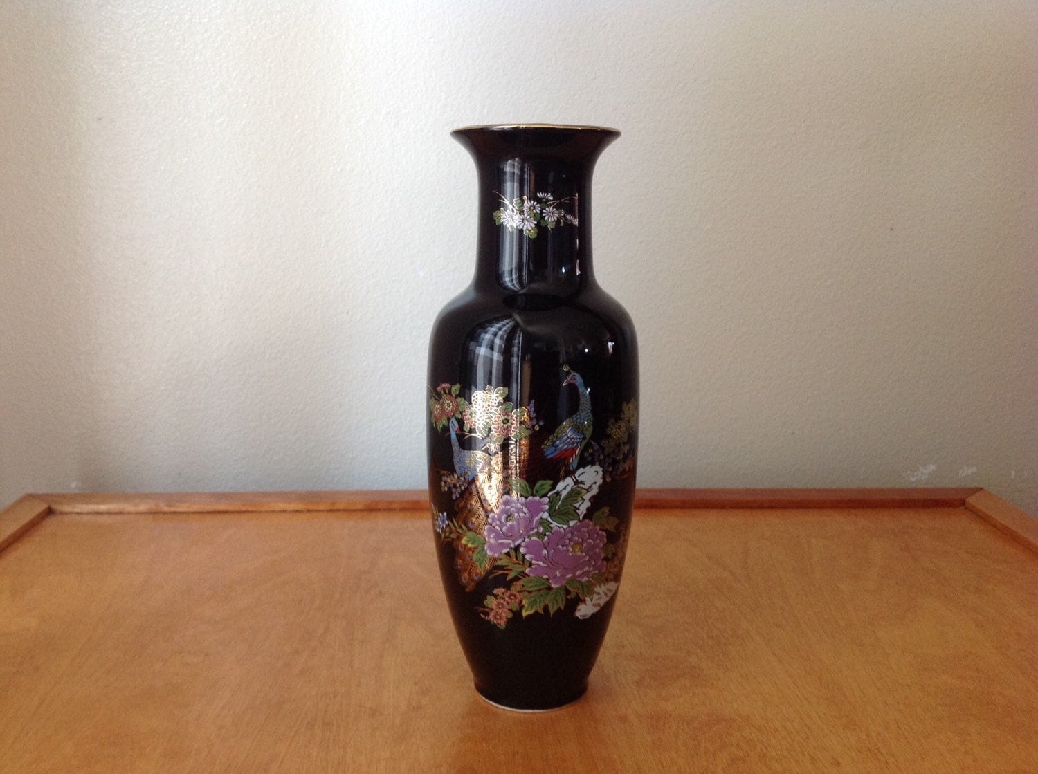 Japanese Black Vase with Peacock Design 11 Tall by CharsGoodStuff