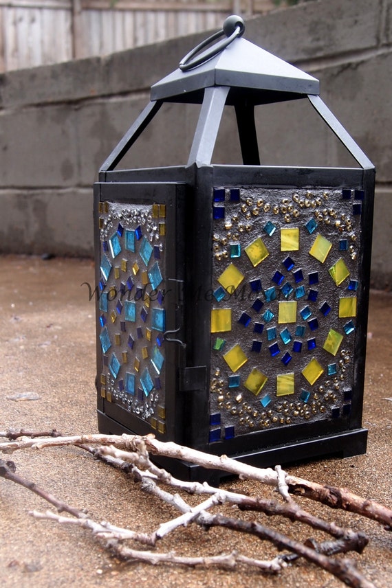 Blue Yellow Stained Glass Mosaic Lantern By Wondermemosaics 3053