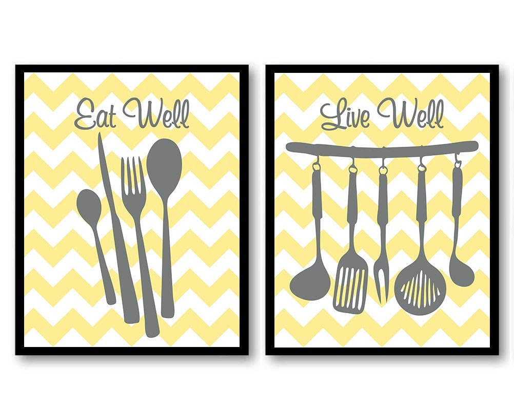 Yellow And Grey Wall Decor yellow gray grey eat well live well kitchen print set of 2 Yellow And Grey Wall Decor yellow gray grey eat well live well kitchen print set of 2