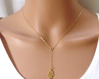 lariat necklace, hamsa necklace , gold hamsa necklace, gold hand necklace , gold filled hamsa necklace , dainty hamsa,kaballa necklace