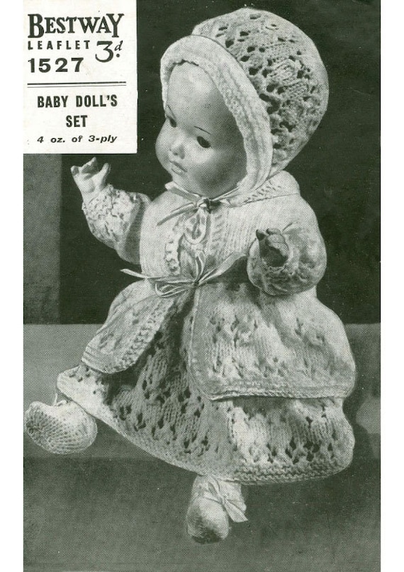 A vintage knitting pattern to fit a 15 inch Baby Doll. From