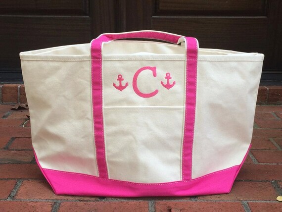 Large Canvas Tote Bag with Monogram and Anchors - Beach Bag ...