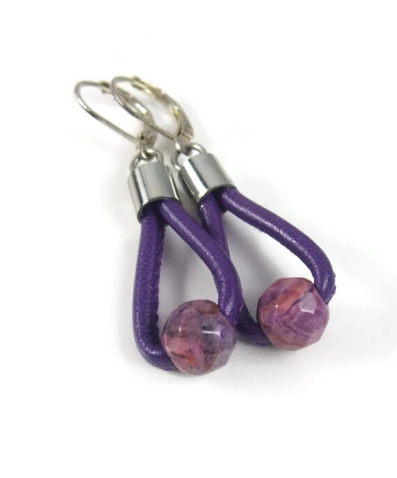 SALE - Purple Leather Earrings, Womens Beaded Earrings, Womens Leather ...
