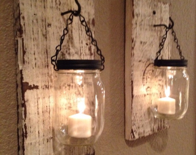 White barn wood mason jar candle holders, SET OF TWO Handmade