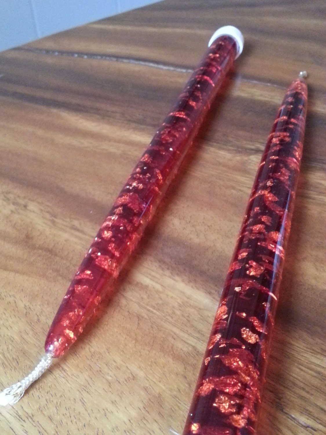 Vintage Red Acrylic Lucite Candles with Gold Flakes Inside