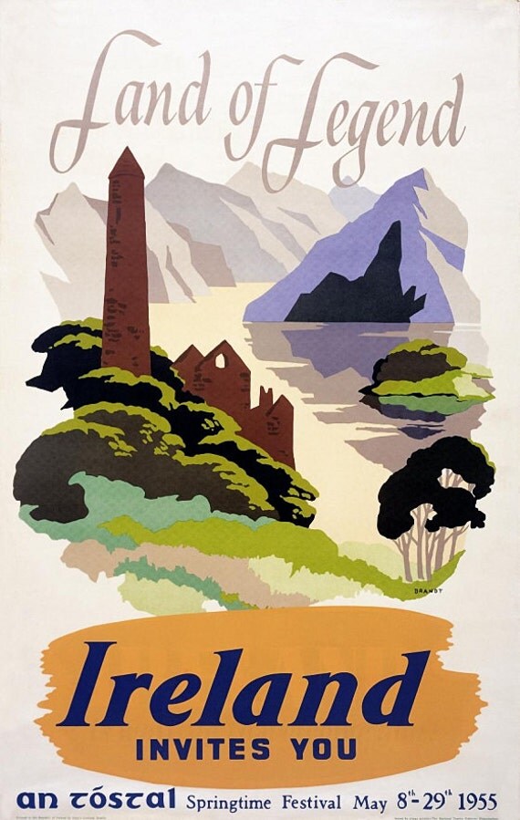 Ireland Invites You Castle Vintage Travel ad art Poster Mounted Canvas