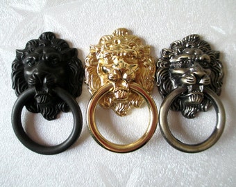Lion Drawer Pull Knobs Handles Dresser Drop Pulls Rings / Antique Bronze Gold Lion Head Door Knocker Cabinet Knob Handle Vintage Hardware
