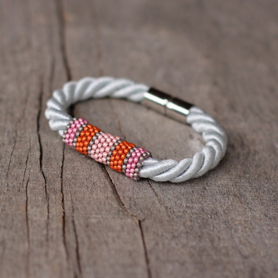 White silver pink orange rope bracelet by Naryajewelry