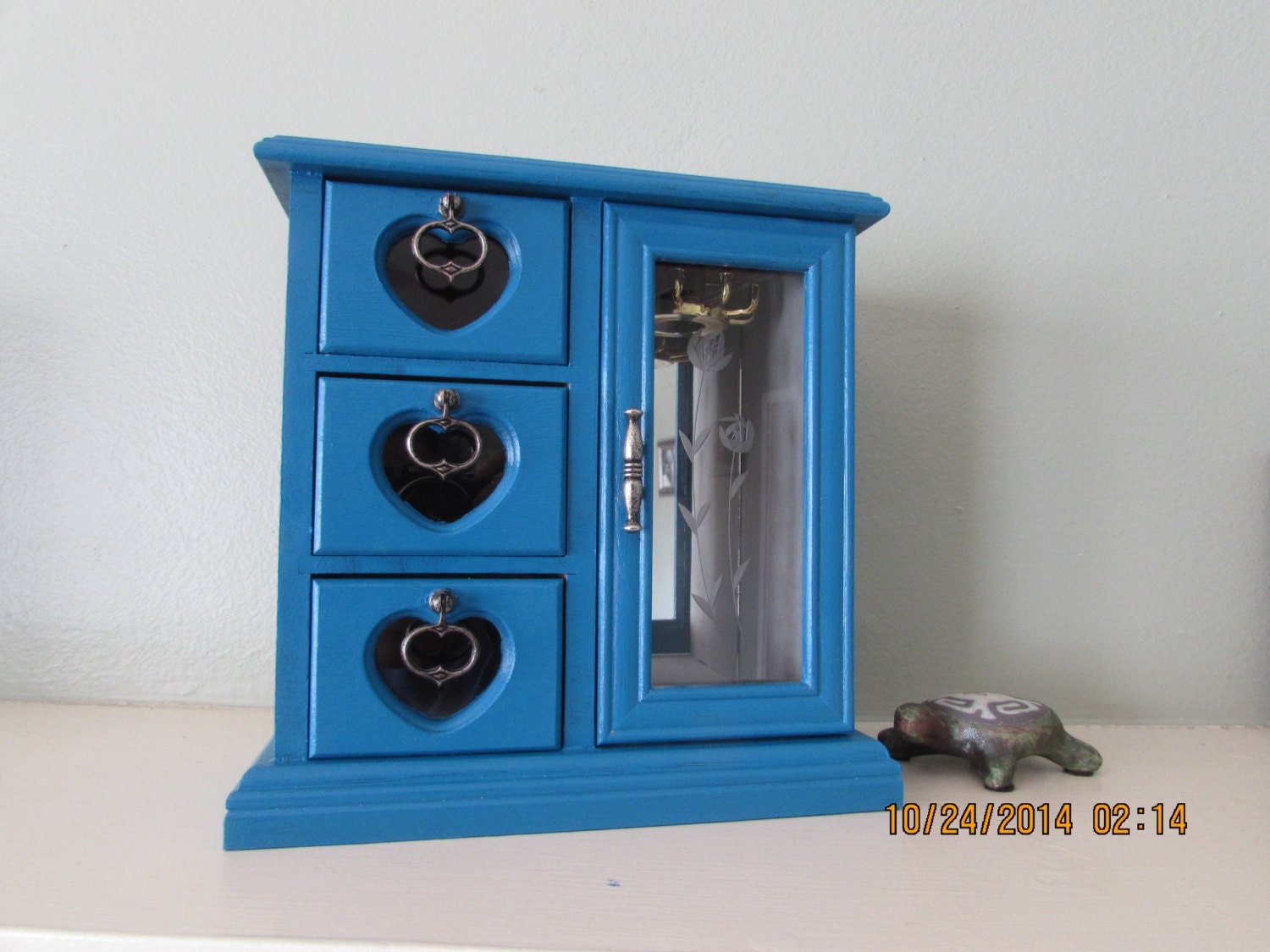 Peacock blue jewelry wood box. Haute Juice