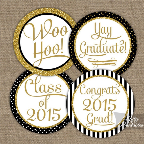 Graduation Cupcake Toppers - Black & Gold Glitter Printable 2015