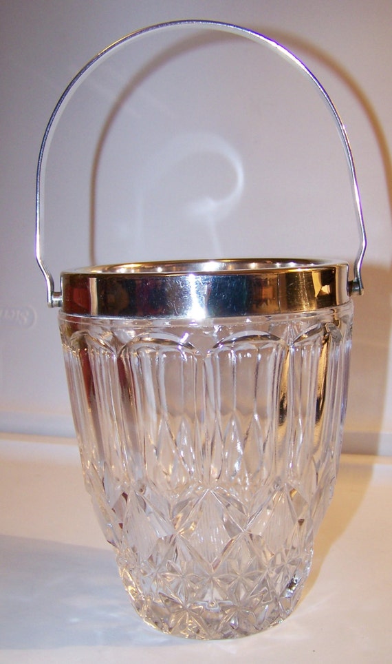 Heavy Cut Glass Ice Bucket Silver Plate Handle Etched