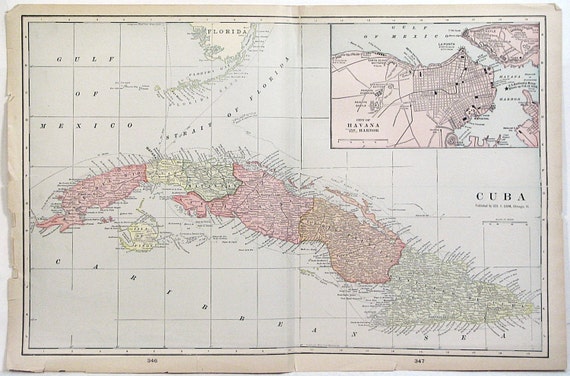 Large Vintage Color Atlas Map of Cuba circa 1890s Beautiful