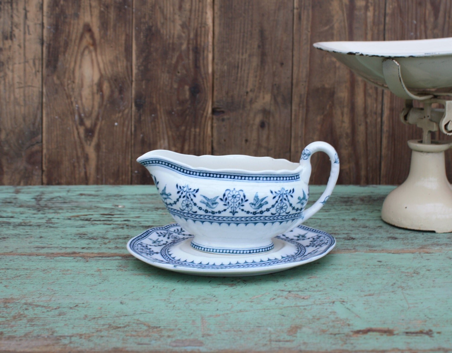 Antique Gravy Boat Made by Wedgwood Blue and White Raphael