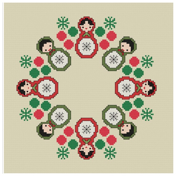 Christmas wreath counted cross stitch pattern russian doll instant