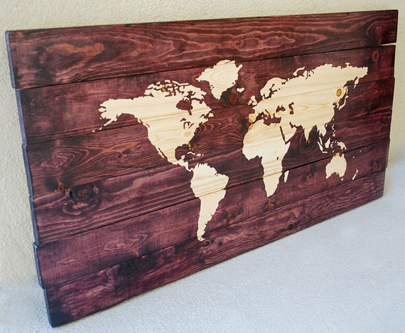 World Map Stained Wall Art On Solid Wood Planks