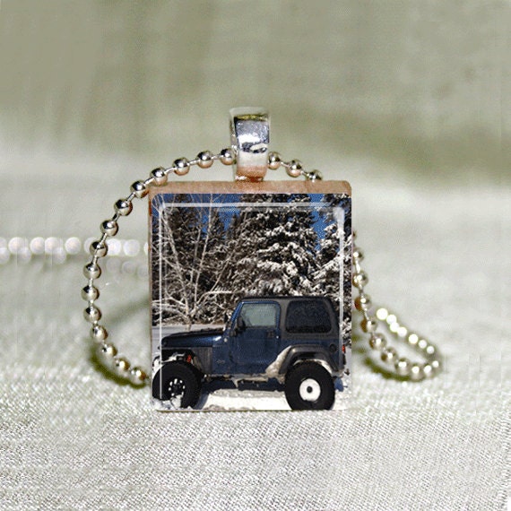 Items similar to Scrabble Pendant Snowy Jeep on Etsy