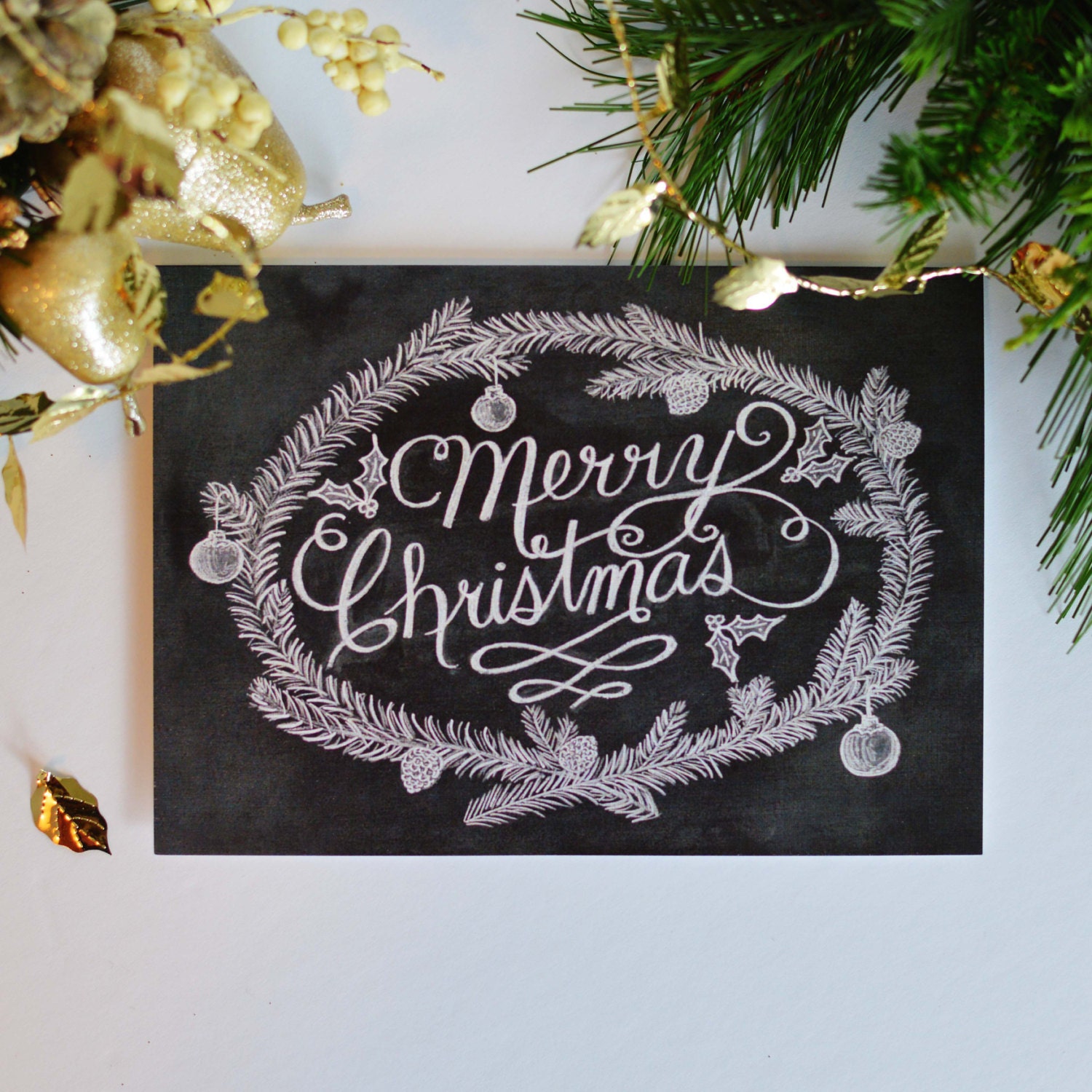 Christmas Card - Christmas Card Set -Chalkboard Christmas Card - Merry Christmas - Wreath Illustration - Chalk Art - Holiday Card - Wreath