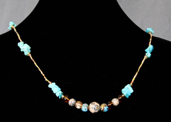 Items similar to Turquoise and Jasper Necklace with Yellow Seed Bead ...