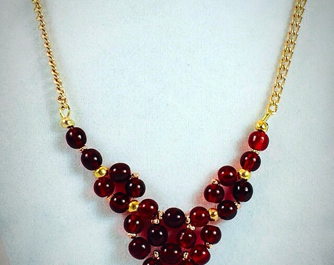 Red beaded necklace, Czech red necklace, Gold necklace, garnet necklace, red dark necklace