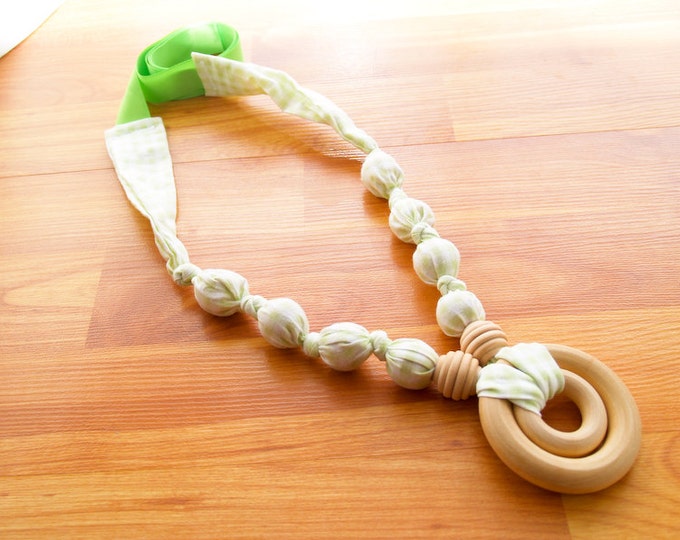 Breastfeeding Nursing Necklace, Teething Necklace, Babywearing Necklace, Fabric Necklace - Double Ring - Light Green Checkered