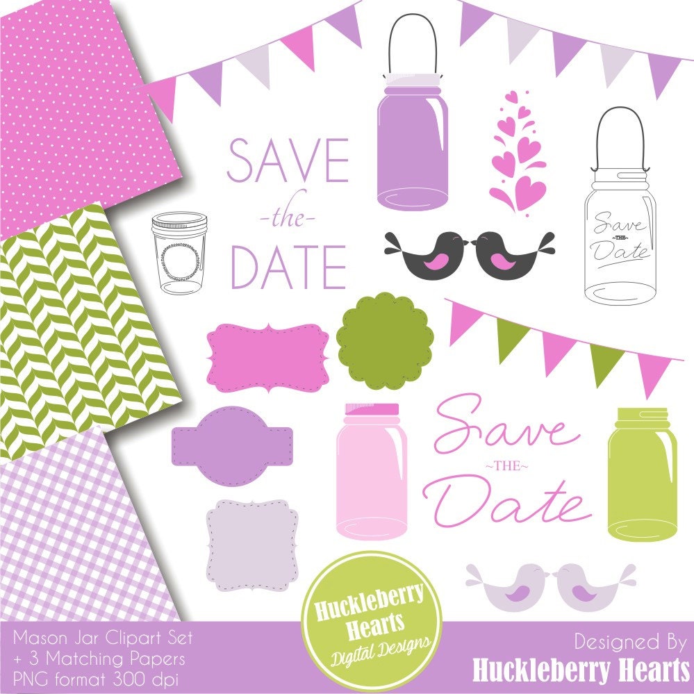 Save the Date or Wedding Purple Mason Jars Clip Art Set Clip