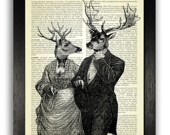 Victorian Deer Couple Art Print, Gothic Home Decor, Illustration Print, Dictionary Art, Home Office Decor, Animal Poster, Unique Decor Print