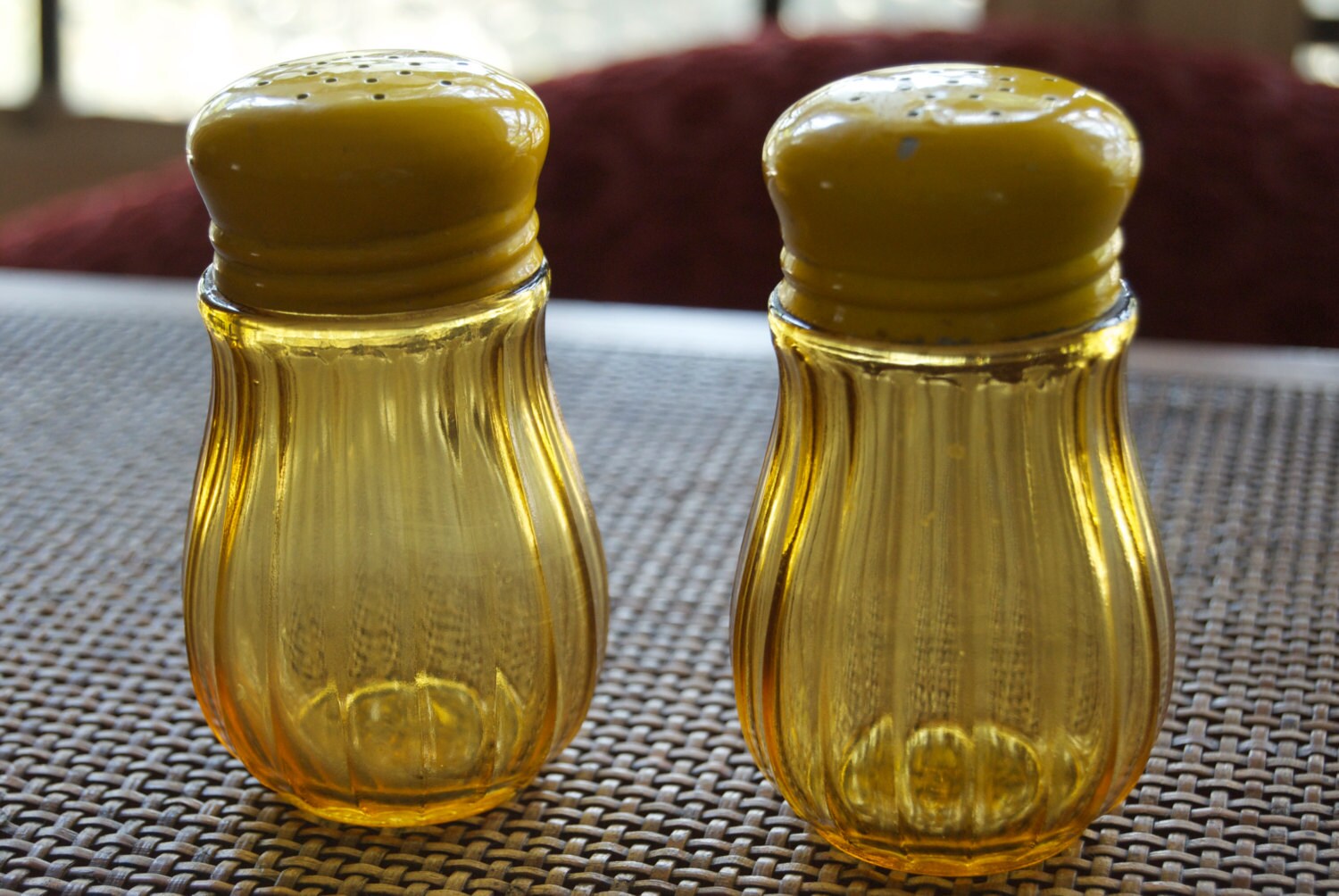 Vintage Yellow Salt and Pepper shakers, Vertical Ribbed amber glass