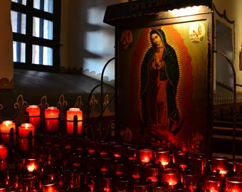 Father Junipero Serra Chapel at Mission San Juan Capistrano, California - Color Photo Art Picture Poster - Prayer Candles and Jesus