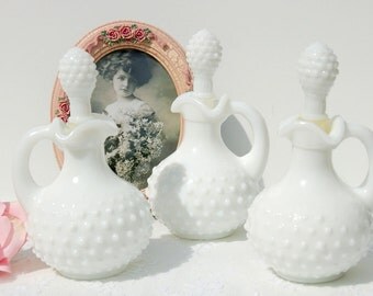 Shabby Chic White Milk Glass Perfume Bottle. Repurposed Vase. Home Decor or Gift Inspiration. 2 Bottles available.