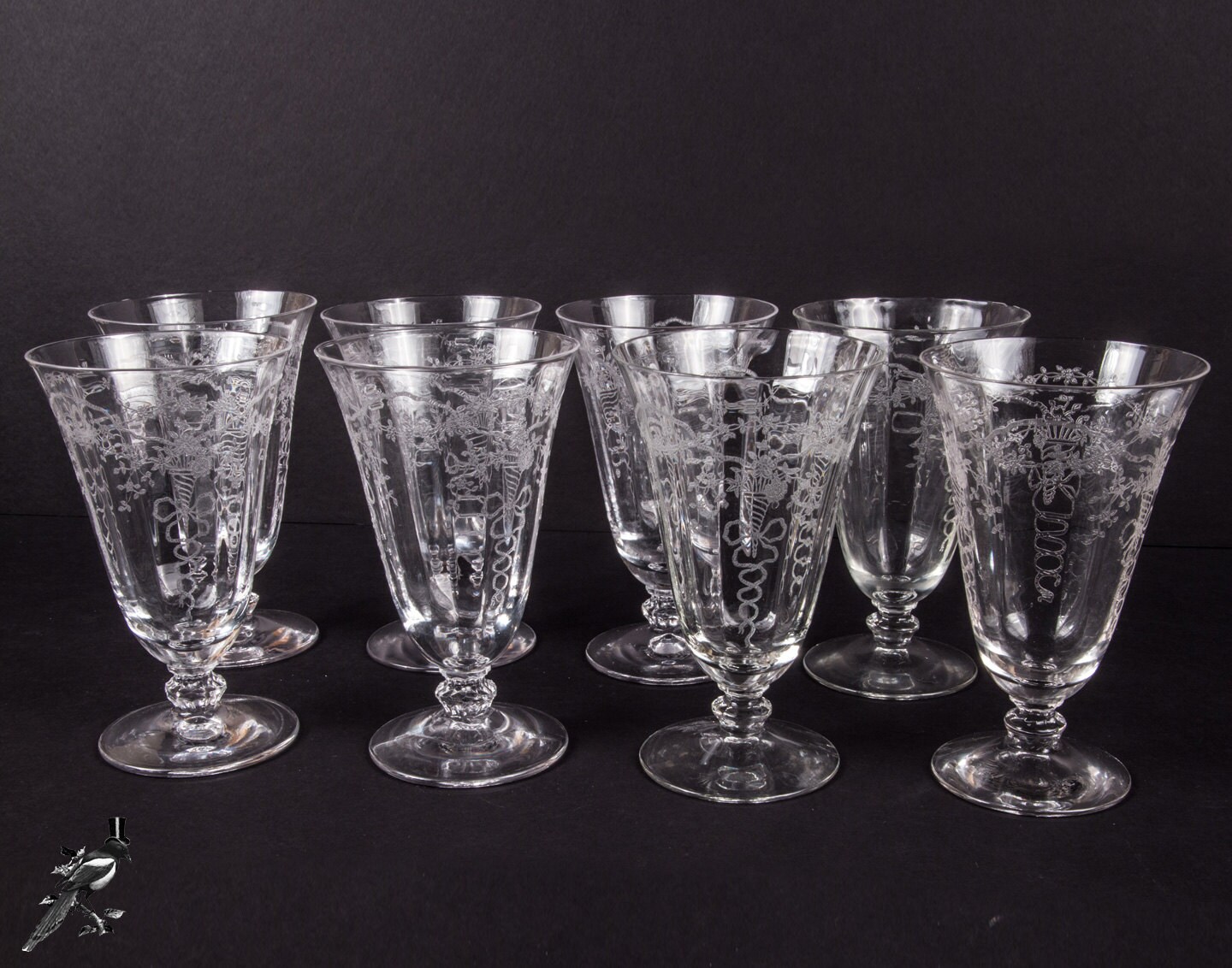 Fostoria Corsage Set of 8 Iced Tea Glasses Needle Etched