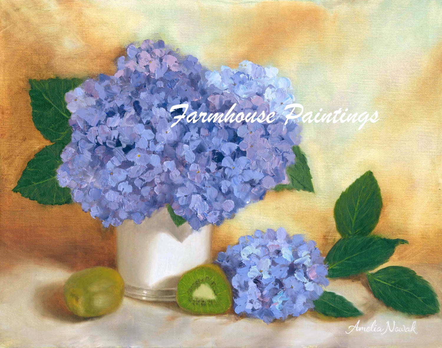 Hydrangea Painting Purple Hydrangeas and Kiwi 8x10