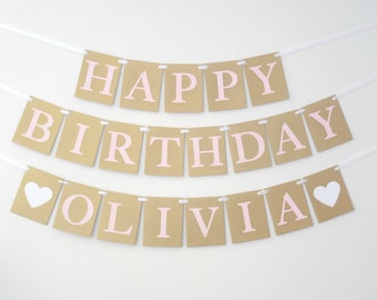 Happy Birthday Banner Gold and Pink Birthday Decoration Girl First Birthday Girl Pink and Gold Party Heart Theme Party Pink Gold Banner