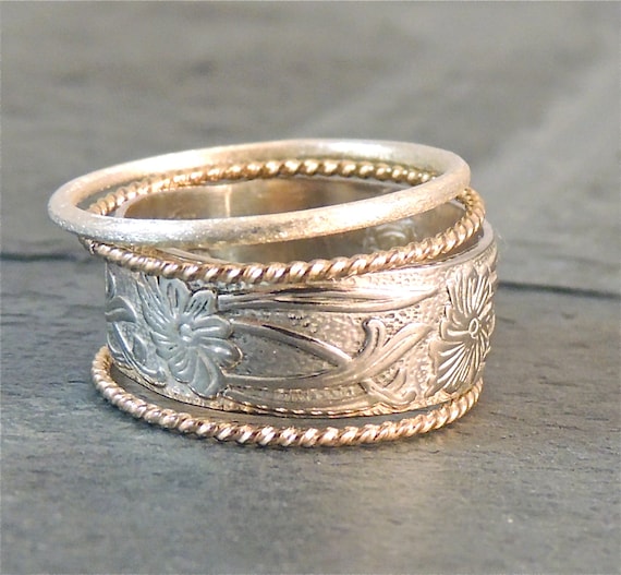 Bohemian Gipsy Ring Set, Floral Vintage Ring Set, Sterling Silver Rings ...