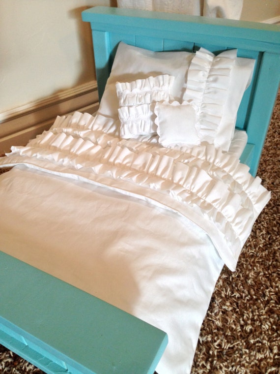 18" Doll / American Girl 5 pc Bedding Set. White ruffles