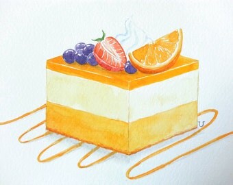 Original Watercolor Painting-Orange Mousse Cake with Mixed Fruits ...