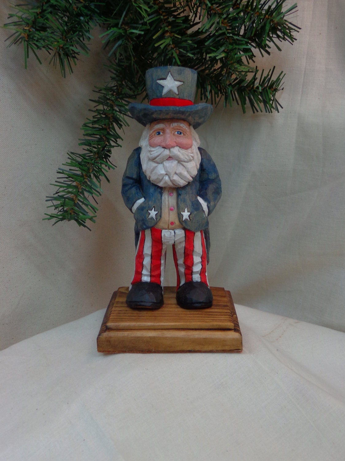 hand carved wood sculpture Uncle Sam Santa wood carving by Dan