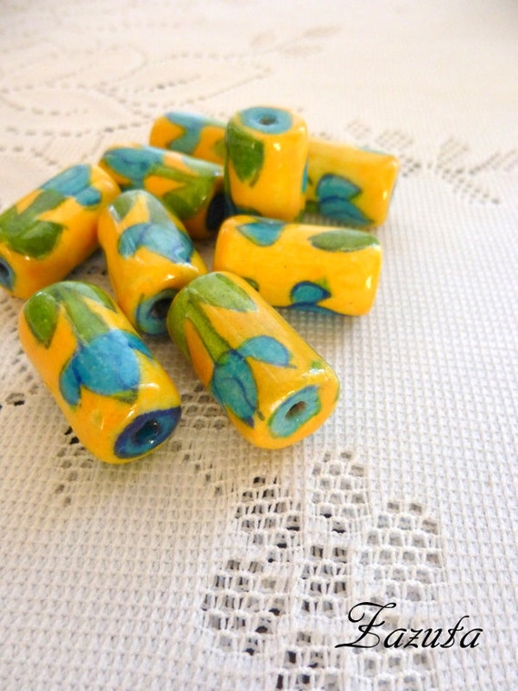 10 Handmade Ceramic Beads Cylindrical beads by ZazuCreates
