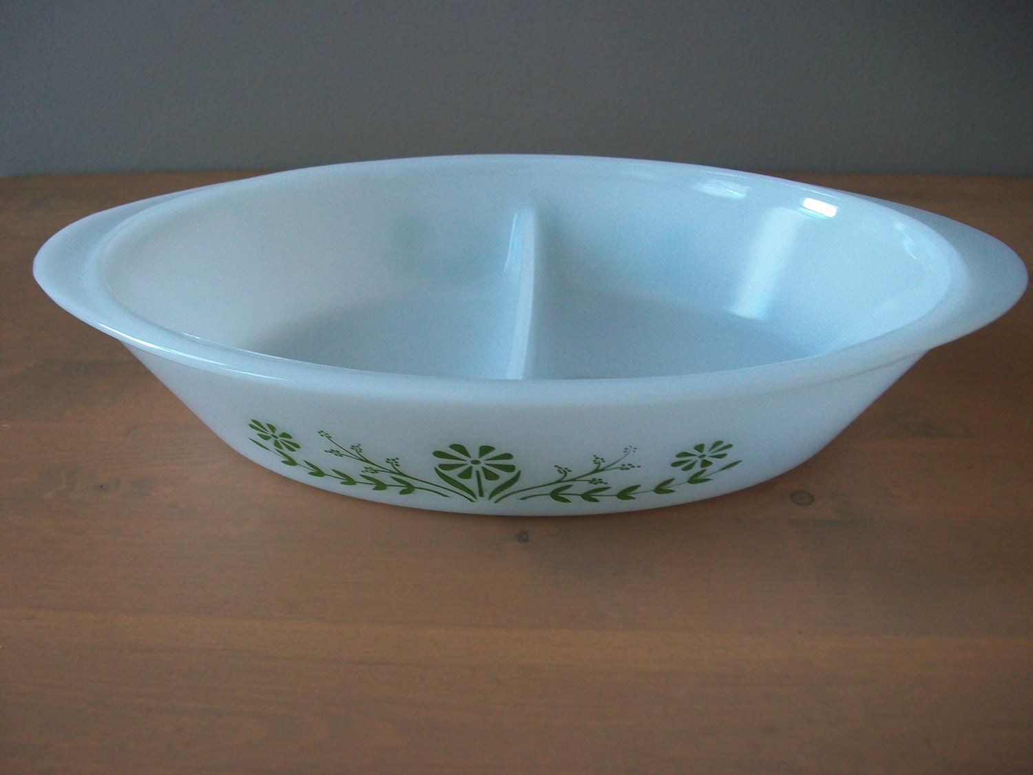 Glasbake Green Daisy Divided Serving Platter Dish Vintage