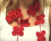 Hand Crochet Lariat Scarf red Flower Lariat Scarf Long Necklace Long Scarf
