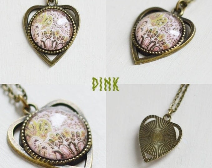 Boho Chic // The pendant is heart-shaped metal brass with pictures under glass // Colorful // Fresh, Beauty, Style // Black, Pink, Green