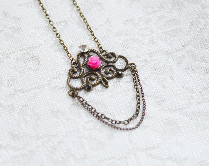 SALE! Delicate necklace with metal brass with Swarovski crystal and rose from polymer clay