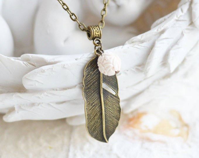 Delicate Feather // Pendant metal brass with carved coral beads // Shabby Chic, Rustic, Vintage // 2016 Best Trends