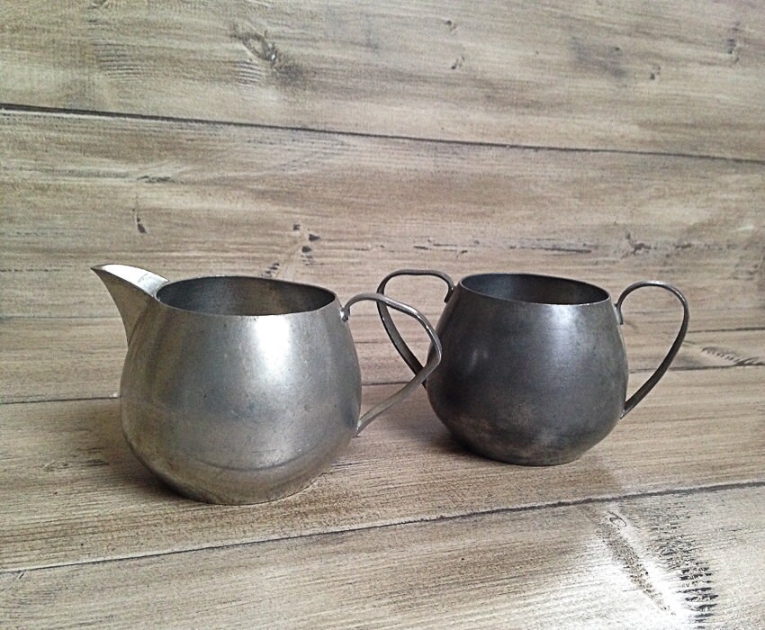 Vintage Pewter Creamer and Sugar Bowl Crescent Pewter Antique Set